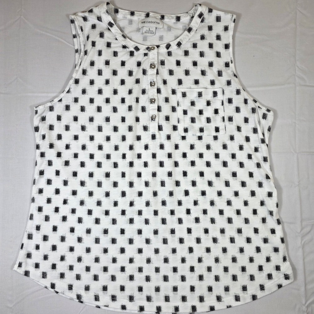 Liz Claiborne Womens Large White Black Geometric Henley Sleeveless Tank Top
